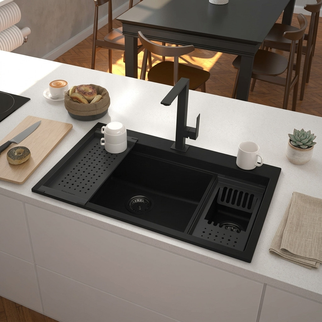 GraniteMy Limited large 1.5 granite inset and undermount black sink incl. accessory 76x48 cm 1208957389